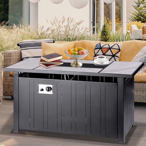 30" Propane Fire Pit with Real Ceramic Tabletop, 50000 BTU Gas Firepit Table with Lid & Glass Rock, Outdoor Fire Pit for Dining or Party