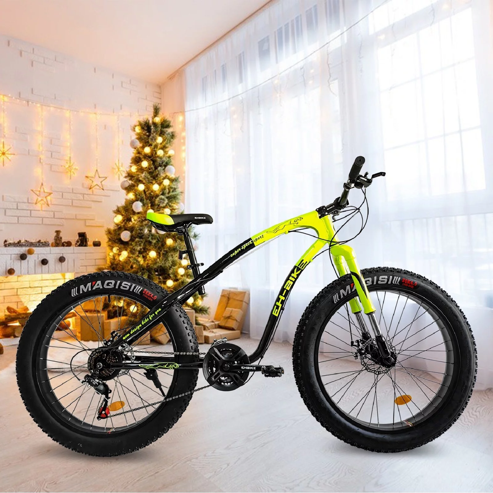 Mens Fat Tire Mountain Bike, 26-Inch Wheels, 4-Inch Wide Knobby Tires, 7-Speed, Steel Frame, Front and Rear Brakes 76.8x24.8x41.3in - Black