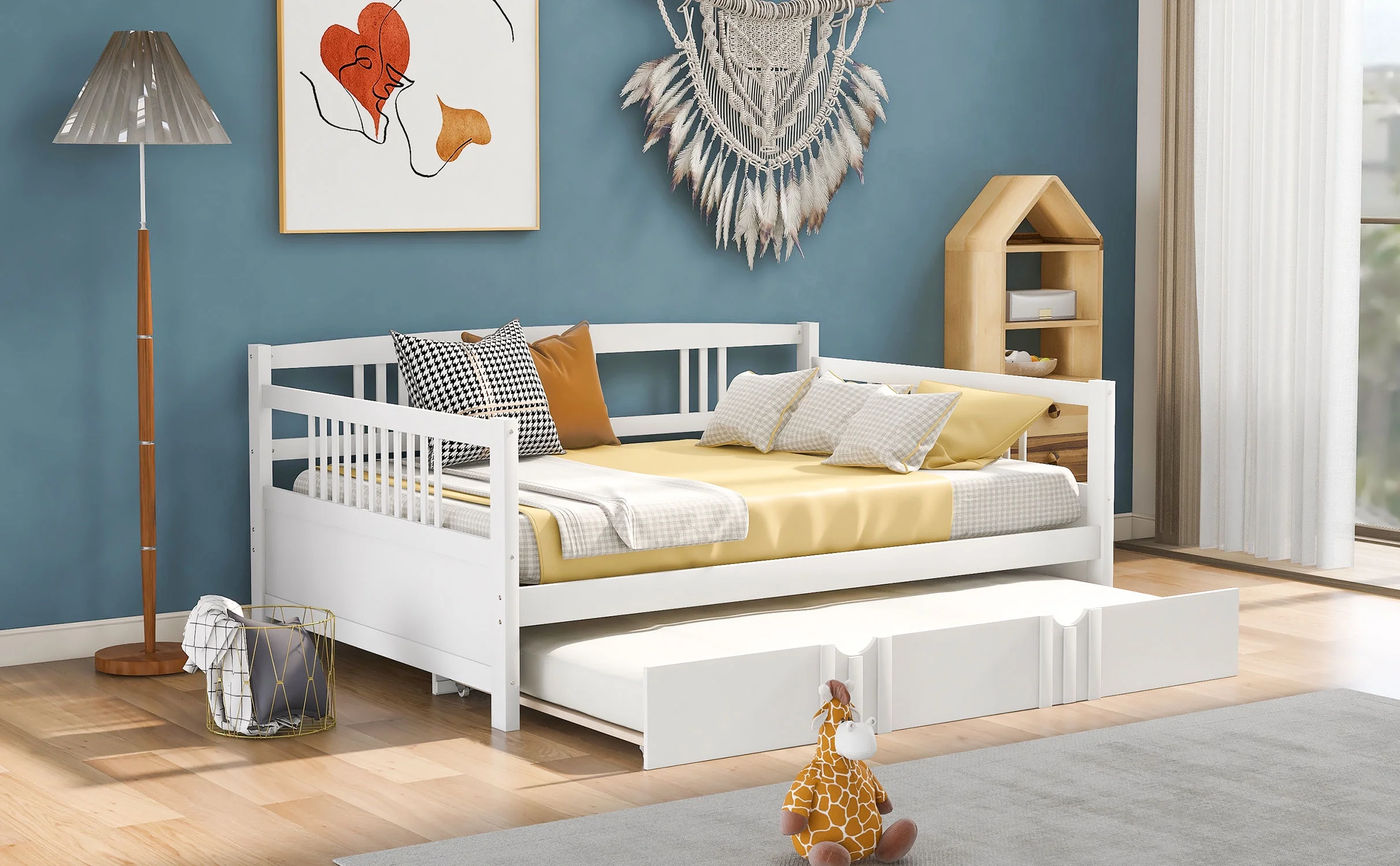Royard Oaktree Full Size Daybed with Twin Trundle Bed Wood Sofa Bed with Slats Support, White