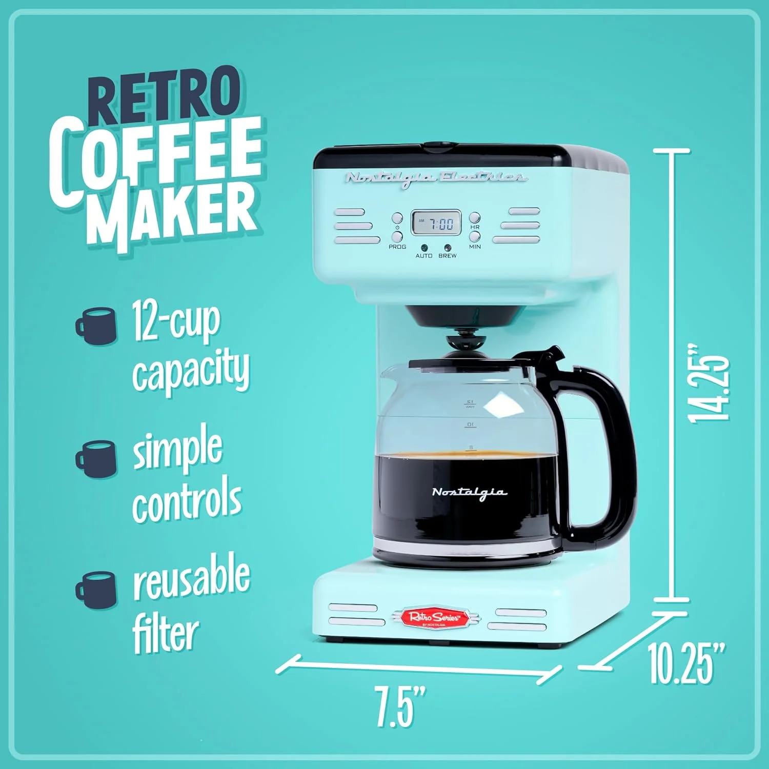 Nostalgia Retro Coffee Maker 12-Cup Programmable Vintage Coffee Machine, Red