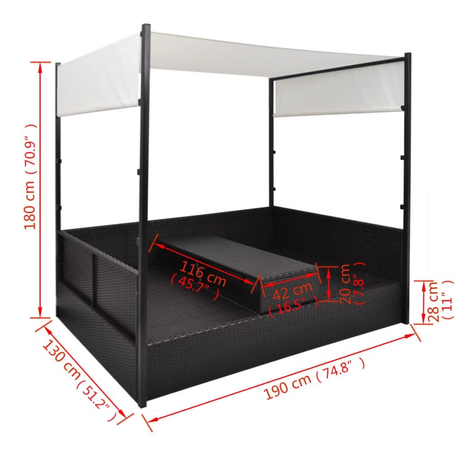Dcenta 2-Person Sun Lounger with Canopy and Tea Table Outdoor Daybed Black Poly Rattan Double Chaise Lounge Bed for Patio, Garden, Backyard, Poolside