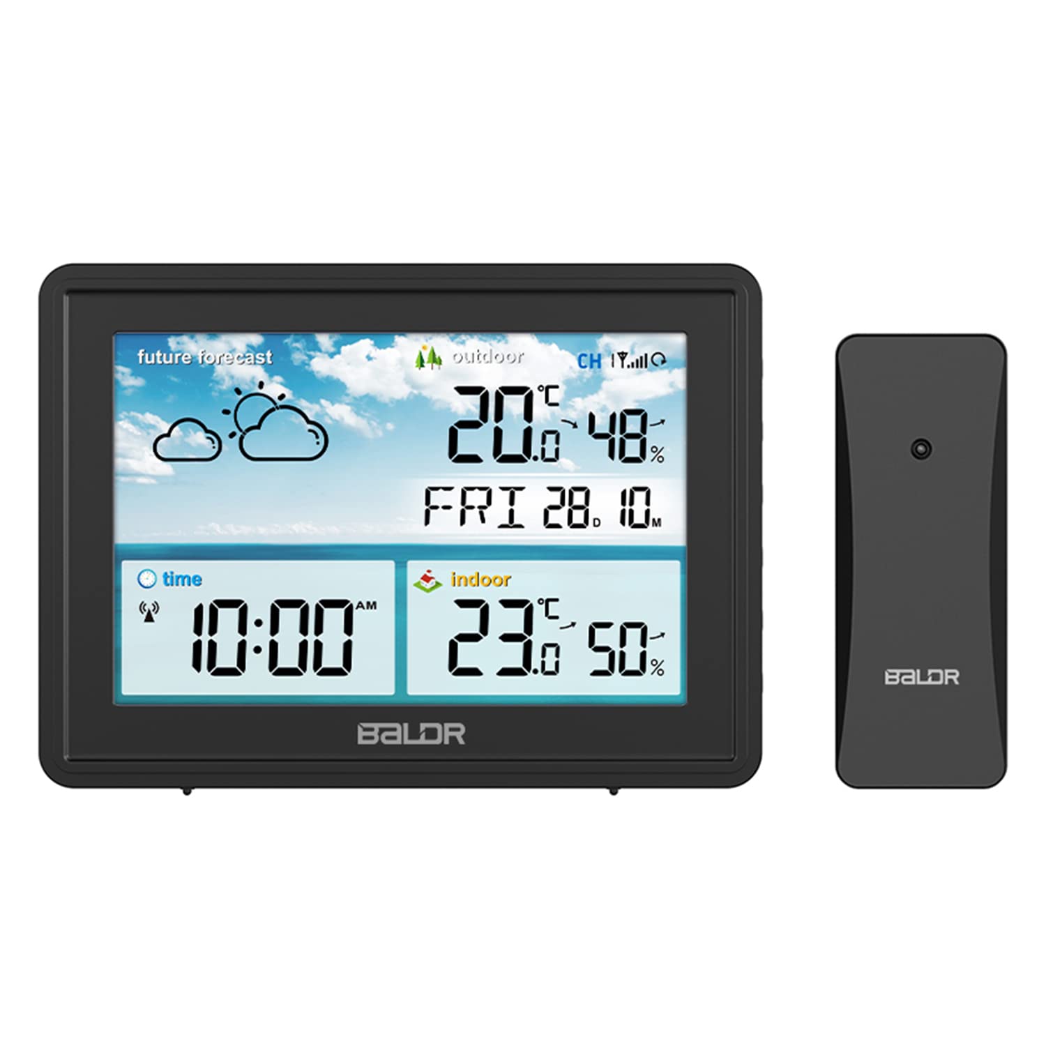Baldr Home Weather Station, Wireless Indoor Outdoor Thermometer with Remote Sensor, Atomic Alarm Clock, Calendar, Humidity Monitor