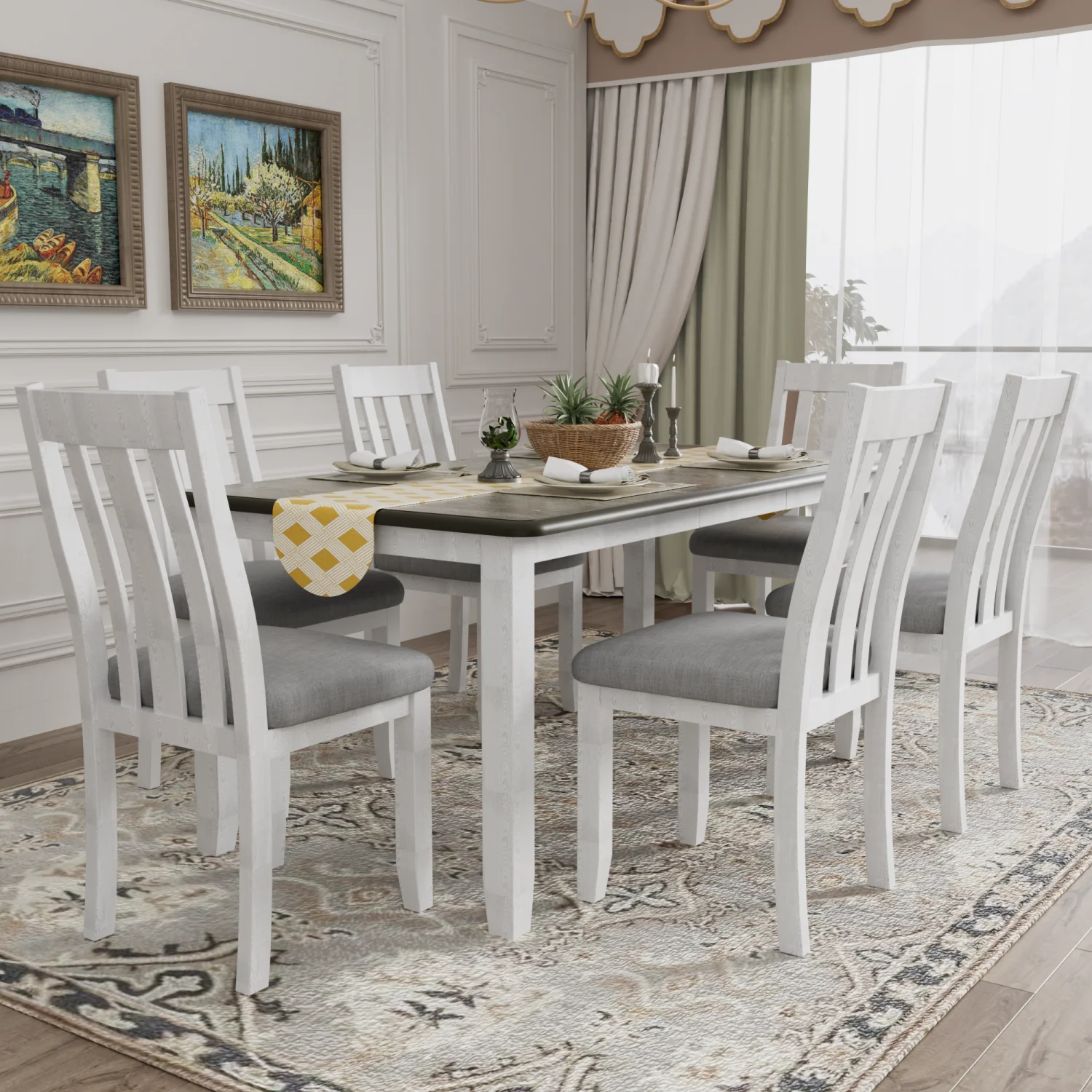 Churanty Dining Table Set for 6 Farmhouse Extendable Rectangular Table and 6 Upholstered Chairs,Antique Brown+White - Curated Treasures Market