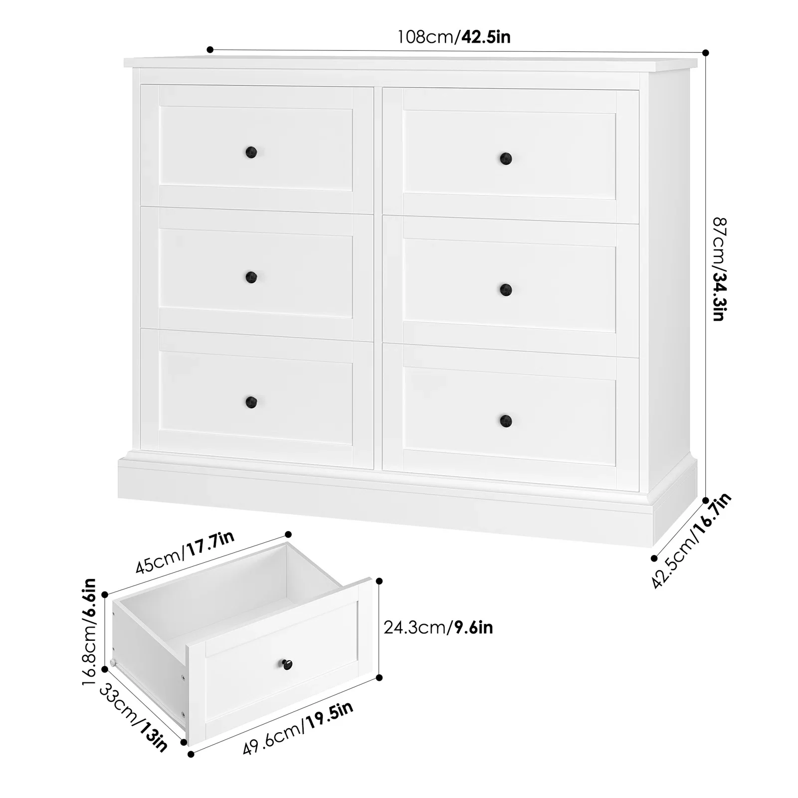 Homfa White Dresser with 6 Drawer , 42.5 Wide Double Dresser for Bedroom, Wooden Dresser Chest of Drawers