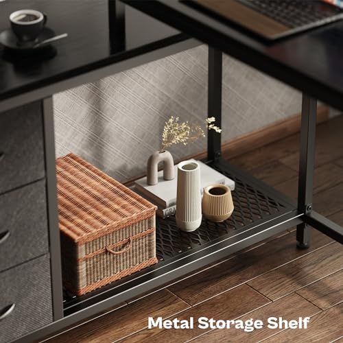 Huuger Reversible L Shaped Computer Desk with Drawers, Gaming Desk with LED Lights and Power Outlets, Office Desk with Storage Shelves