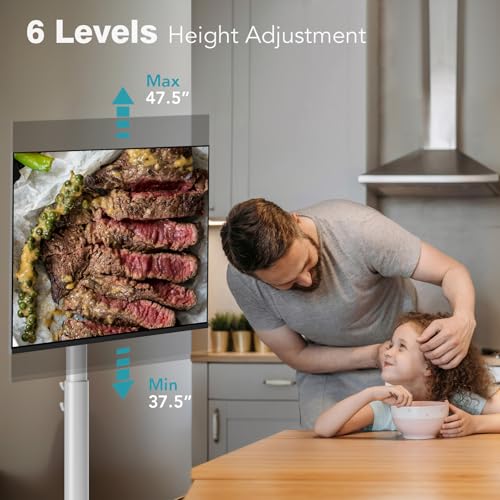 Floor Mobile TV Stand with Power Outlet, Rolling TV Cart for 27-65 Inch OLED LED Monitors, 6 Levels of Height Adjustment