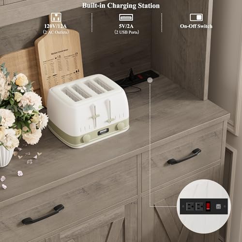 HOSTACK 71" Tall Kitchen Pantry Storage Cabinet with Charging Station, 55" Wide Kitchen Hutch Cabinet with Large Countertop