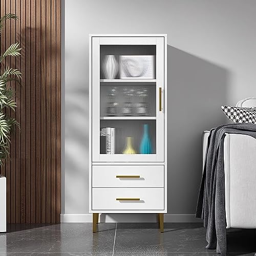 Tall Corner Cabinet with Glass Doors and 2 Drawer, Modern Storage Cabinet, White Display Cabinet, Home Storage Furniture