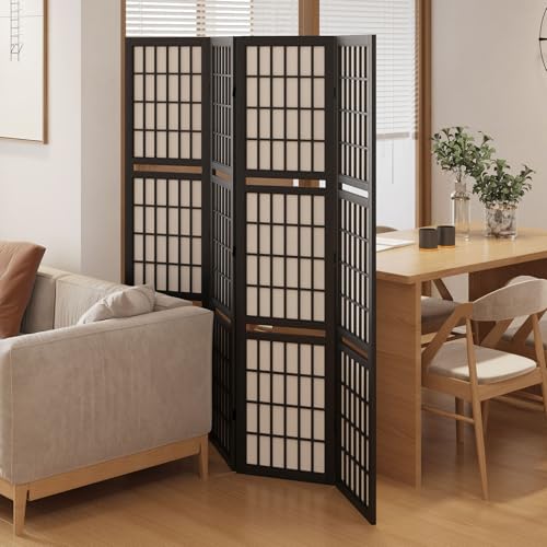 Room Divider, 66.9Inch Tall Japanese Shoji Style Folding Wood Screen with Double Hinges for Home Office Bedroom Hotel Decoration (4Panels, Black)