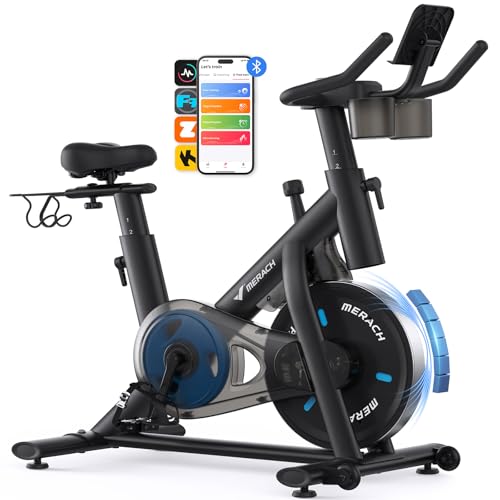 MERACH Exercise Bike, Brake Pad Stationary Bike with Exclusive App, Low Noise Indoor Cycling Bike with 300lbs Weight Capacity