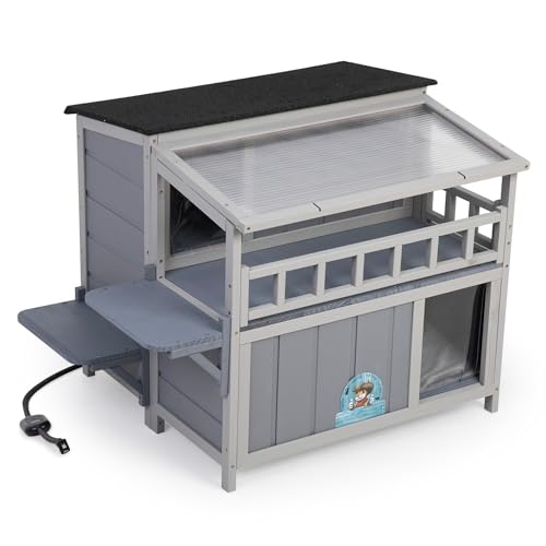 Outdoor Cat House, 2-Tier Warm Wood Cat Shelter with Sunlight Roof, Balcony, Jumping Platforms, Kitty Pet Porch Enclosure, Weatherproof, Openable