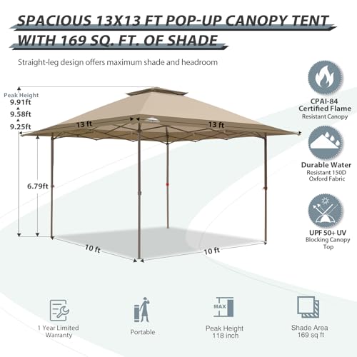 EAGLE PEAK 13x13 Straight Leg Pop Up Canopy Tent Instant Outdoor Canopy Easy Single Person Set up Folding Shelter w/Auto Extending Eaves 169 Square