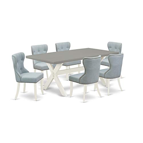 East West Furniture X077SI215-9 9 Piece Dining Room Table Set Includes a Rectangle Kitchen Table with X-Legs and 8 Baby Blue Linen Fabric Parson