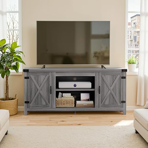 YESHOMY Modern Farmhouse TV Stand with Two Barn Doors and Storage Cabinets for Televisions up to 65+ Inch, Entertainment Center Console Table