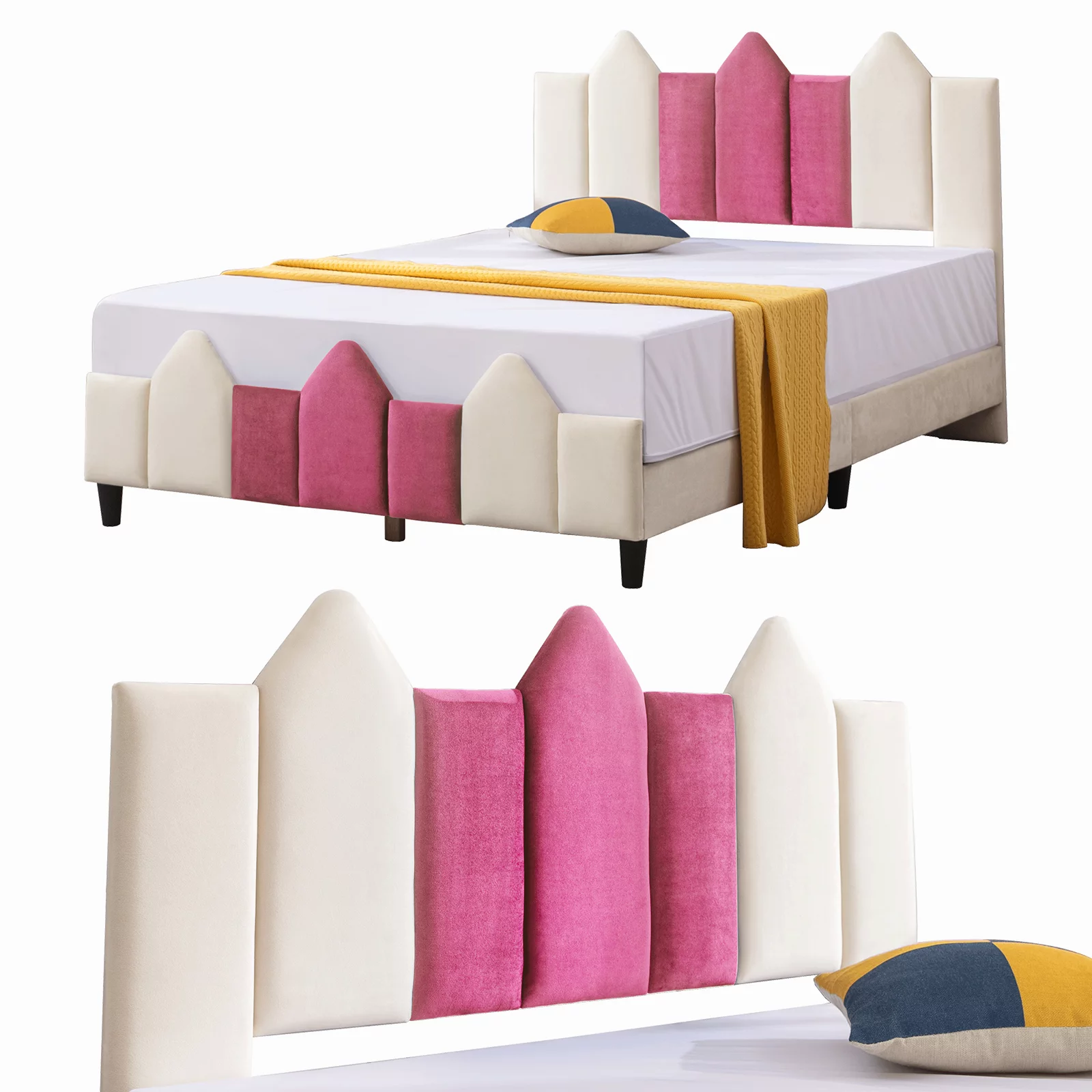 Mjkone Full Size Kids Bed, Children Upholstered Twin Platform Bed Frame with Headboard, Pink and White Toddler Bed for Boys & Girls, Teens