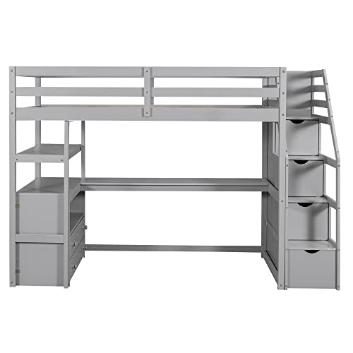 Harper & Bright Designs Twin Over Twin Bunk Bed with Stairs and Trundle, Solid Wood Stairway Bunk Bed Frame with Storage