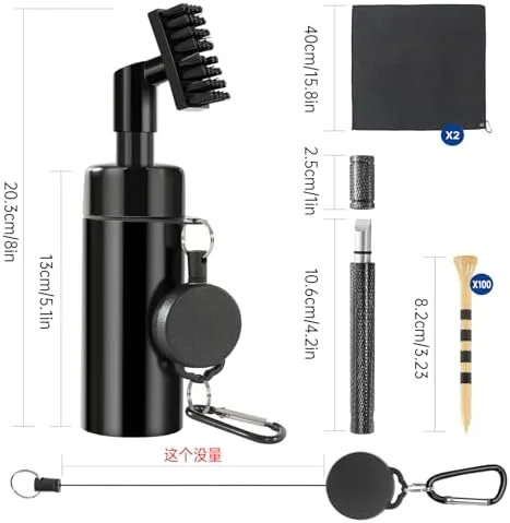 Golf Club Cleaner Brush with 5oz Water Bottle, 8.3“ Leak-Proof Design, 2 Towels &amp; 100 Bamboo Golf Tees – Golf Accessories for Men &amp
