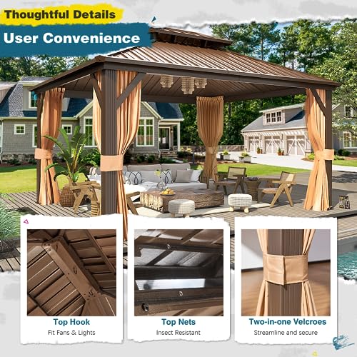 MELLCOM 10'x13' Hardtop Gazebo with Polycarbonate Double Roof, Aluminum Frame Outdoor Gazebo Permanent Pavilion with Curtains and Netting for Patio