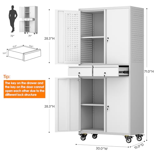 Metal Storage Cabinet with Wheels, 73" H Rolling Garage Cabinets with Locking Doors and Adjustable Shelves for Home Office, Basement, Pantry, Workshop
