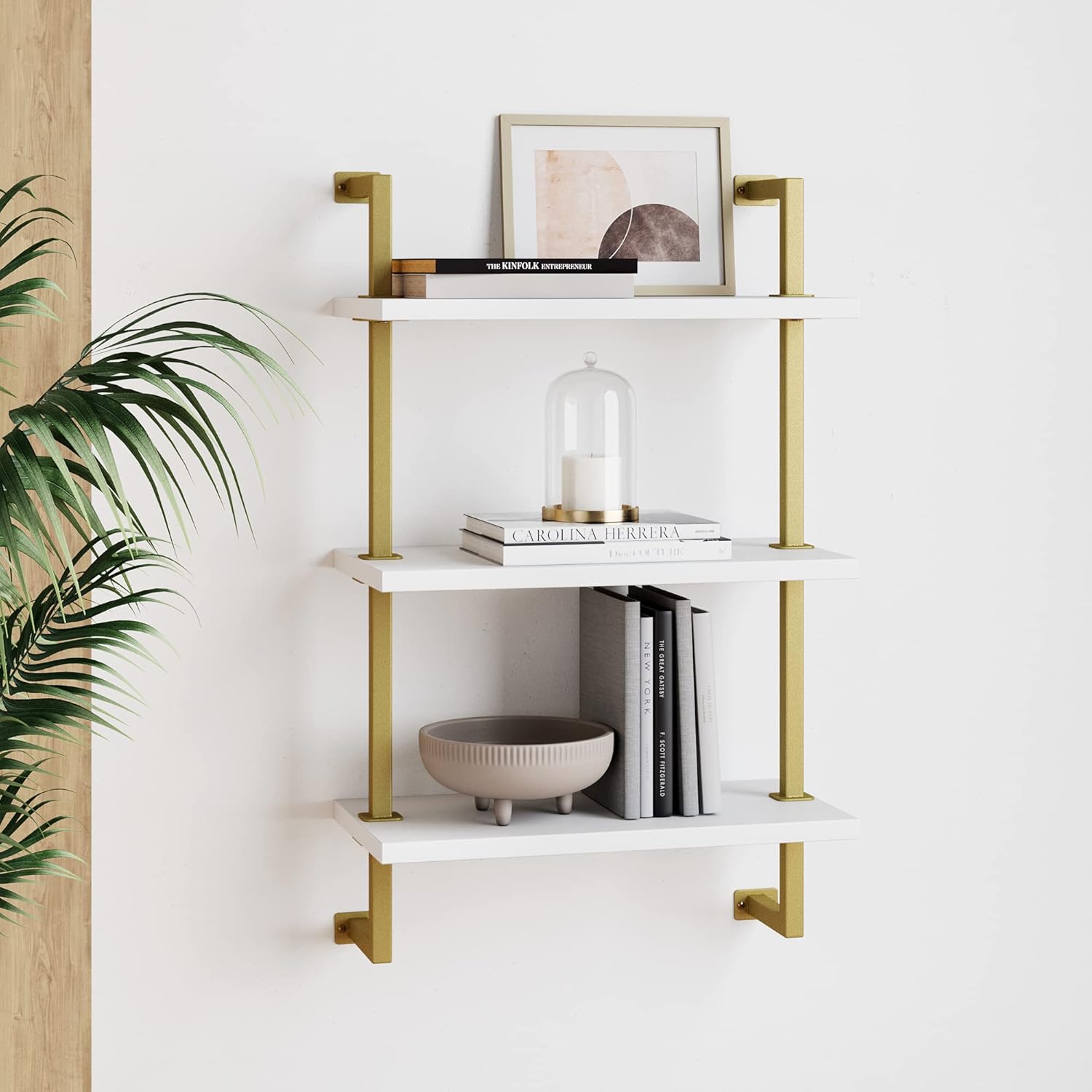 Nathan James Theo 5-Shelf Modern Bookcase, Open Wall Mount Ladder Bookshelf with Industrial Metal Frame, White/Gold