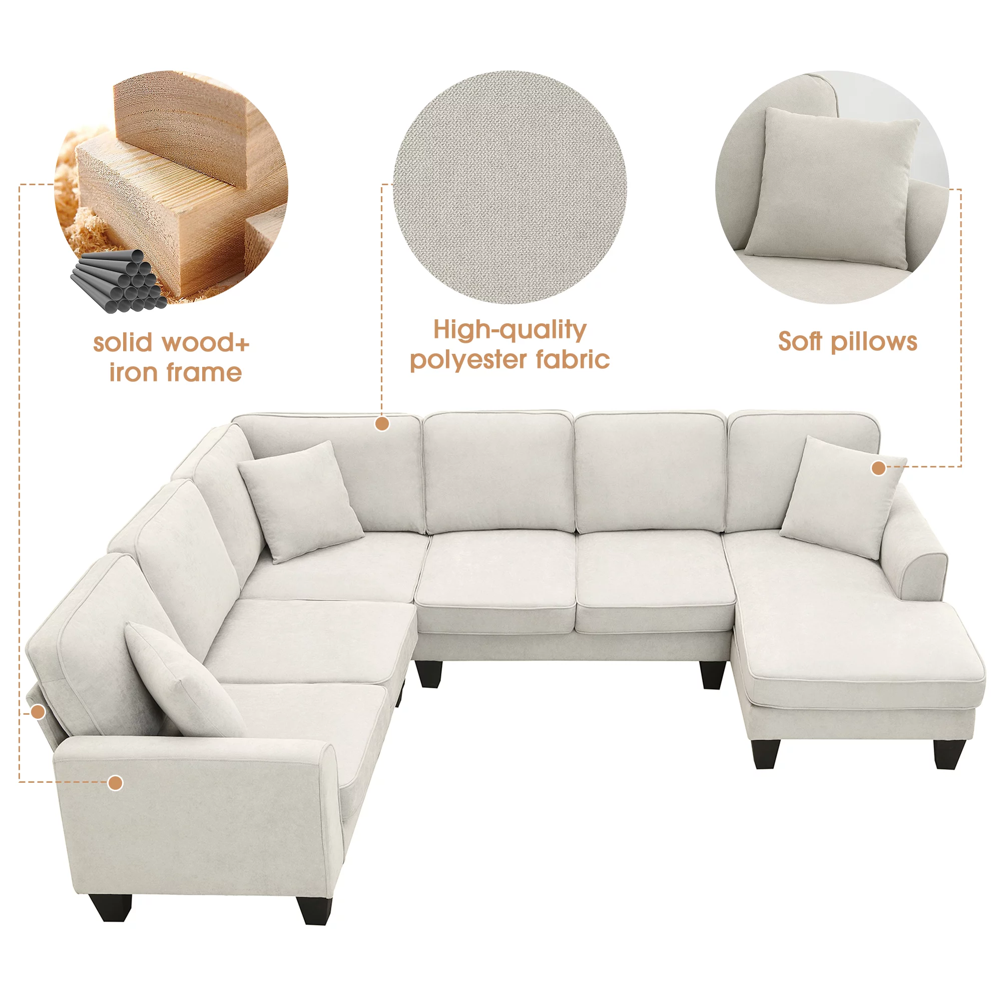 U-Shaped Sectional Couch with Chaise, Modern Upholstered Couch, 7-Seater Sectional Couch with 3 Pillows and Plastic Legs, Heavy Duty Sofa Furniture