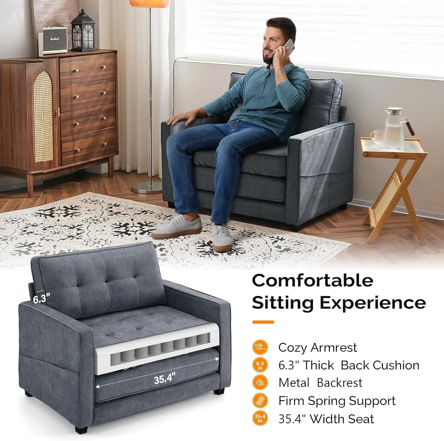 VINGLI Upgraded 64" W 84" L Full Size Futon Sofa Bed, 6" Thick Upholstery Chenille Loveseat Sofa Sleeper Pull Out Couch