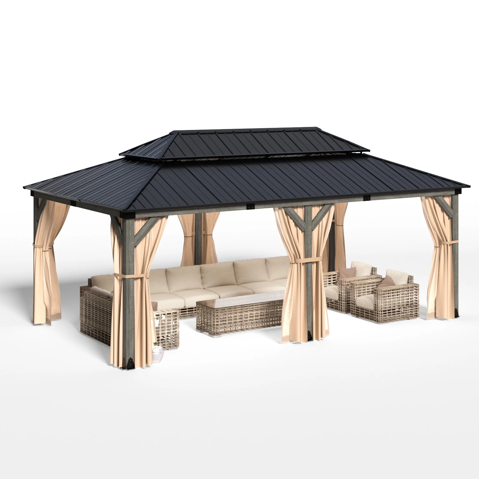 COSIEST 12x20FT Cedar Wood Gazebo, Outdoor Wooden Pergola with 2-Tier Galvanized Steel Roof, Netting & Curtains