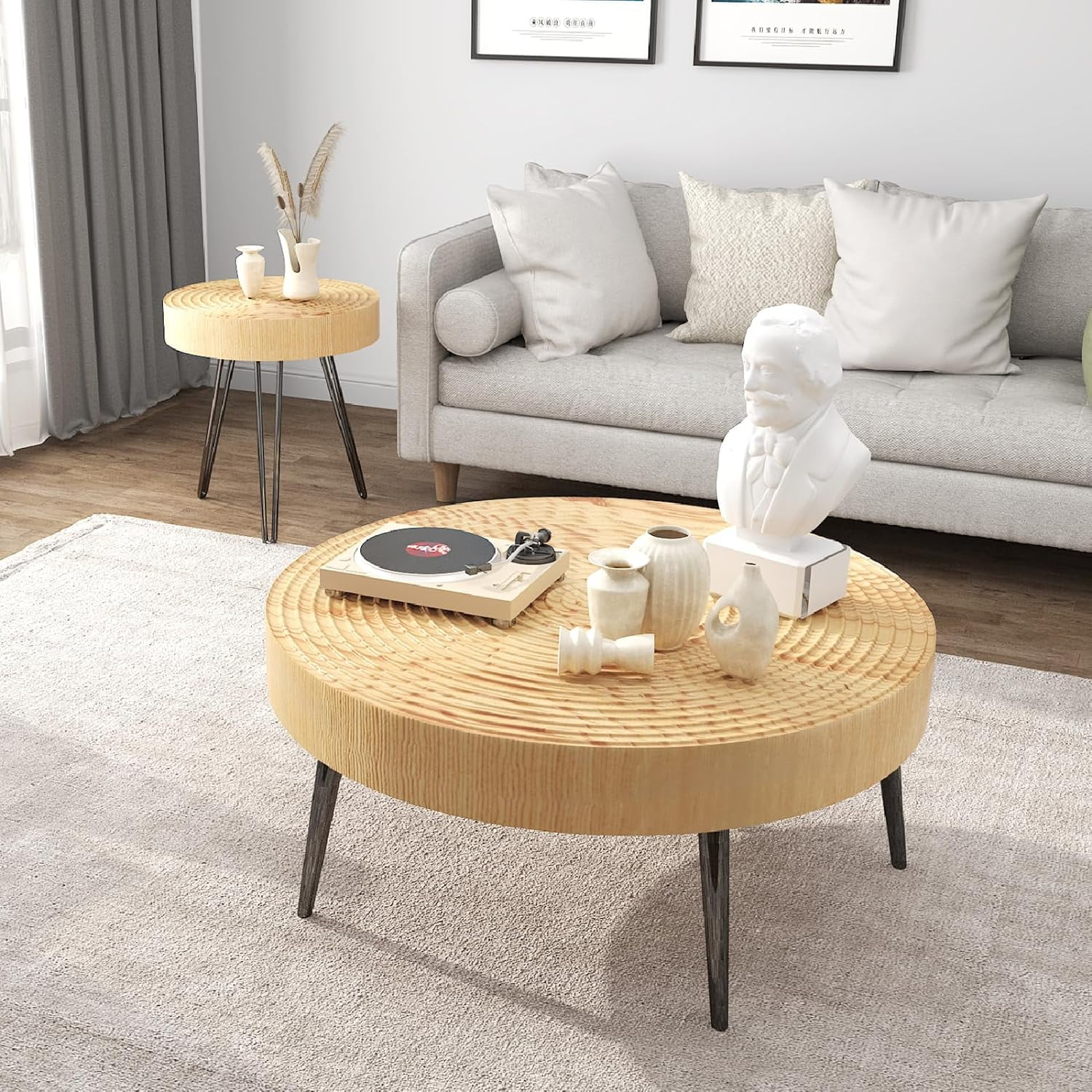 KHBIULIFE 2 Pieces  Round Wood Coffee Table Set  Farmhouse Circle Living Room Table Set of 2  Modern Ring Motif Natural Wood Finish Side and End