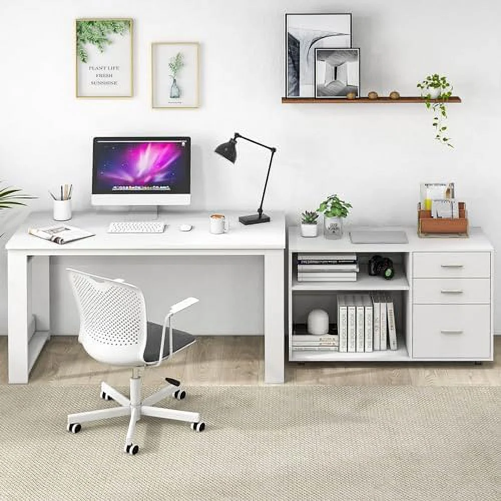White L Shaped Desk with Drawers  Corner Desk with 3 Drawers and 2 Shelve  Executive Desk with  File Cabinet for  Office Workstation  Bedroom  55 inch