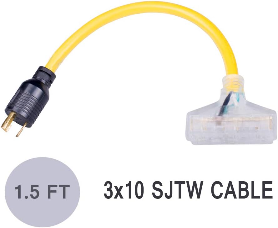 25 Feet Heavy Duty Generator Extension Cord,Generator Locking Cord,NEMA L5-30P/Three 5-15R, 3 Prong 10 Gauge Flexible Generator Cable