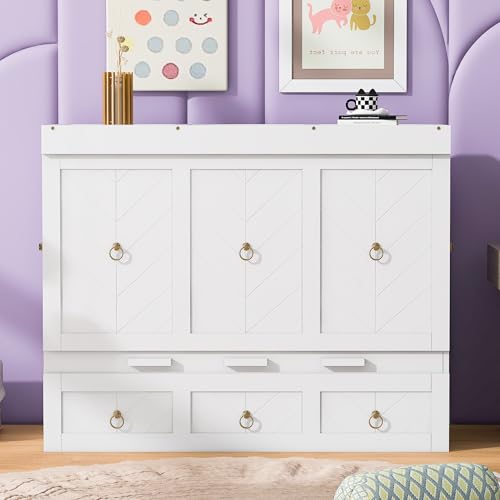 Harper & Bright Designs Full Size Murphy Bed Wall Bed, Solid Pine Murphy Bed Chest Cube Cabinet Bed with USB