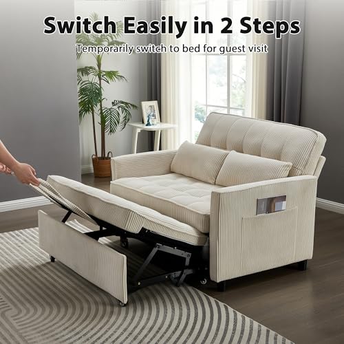 Sleeper Sofa Bed, 52‘’ Convertible Pull Out Couch with Small Table| USB Port | Side Pockets | Corduroy Fabric | Adjustable Backrest for Apartment