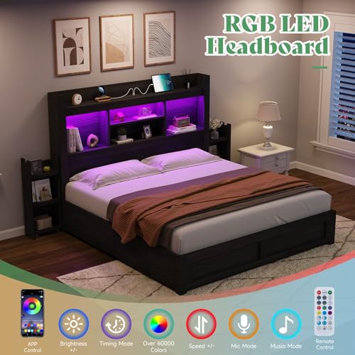 AMERLIFE Queen Bed Frame with 4 Storage Drawers, LED Platform Bed with 49" Bookcase Headboard