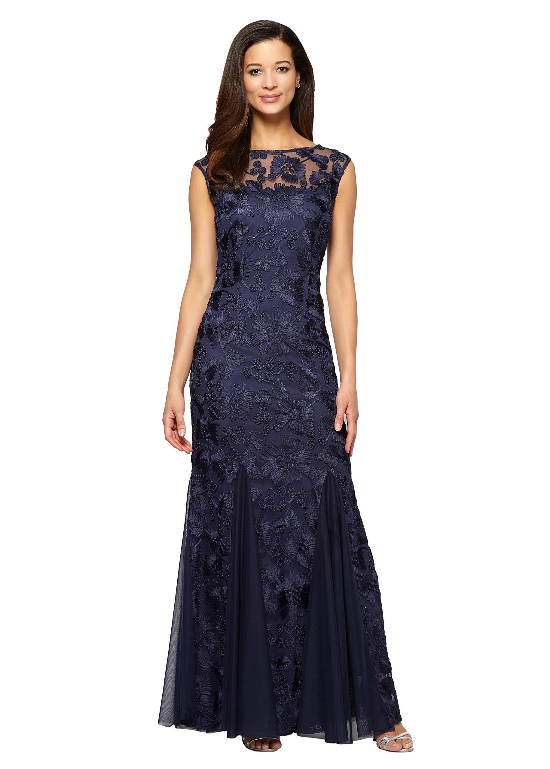 Alex Evenings Illusion V-Neck Capelet Cap Sleeve Embroidered Lace Godet Gown - 14