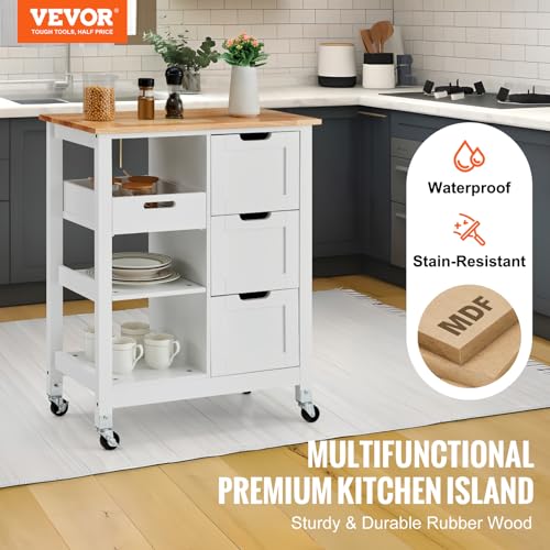 VEVOR Kitchen Island Cart, 26 inch Wood Top Mobile Breakfast Bar, Rolling Kitchen Table with 3 Drawers and Shelves, Portable Islands on Wheels