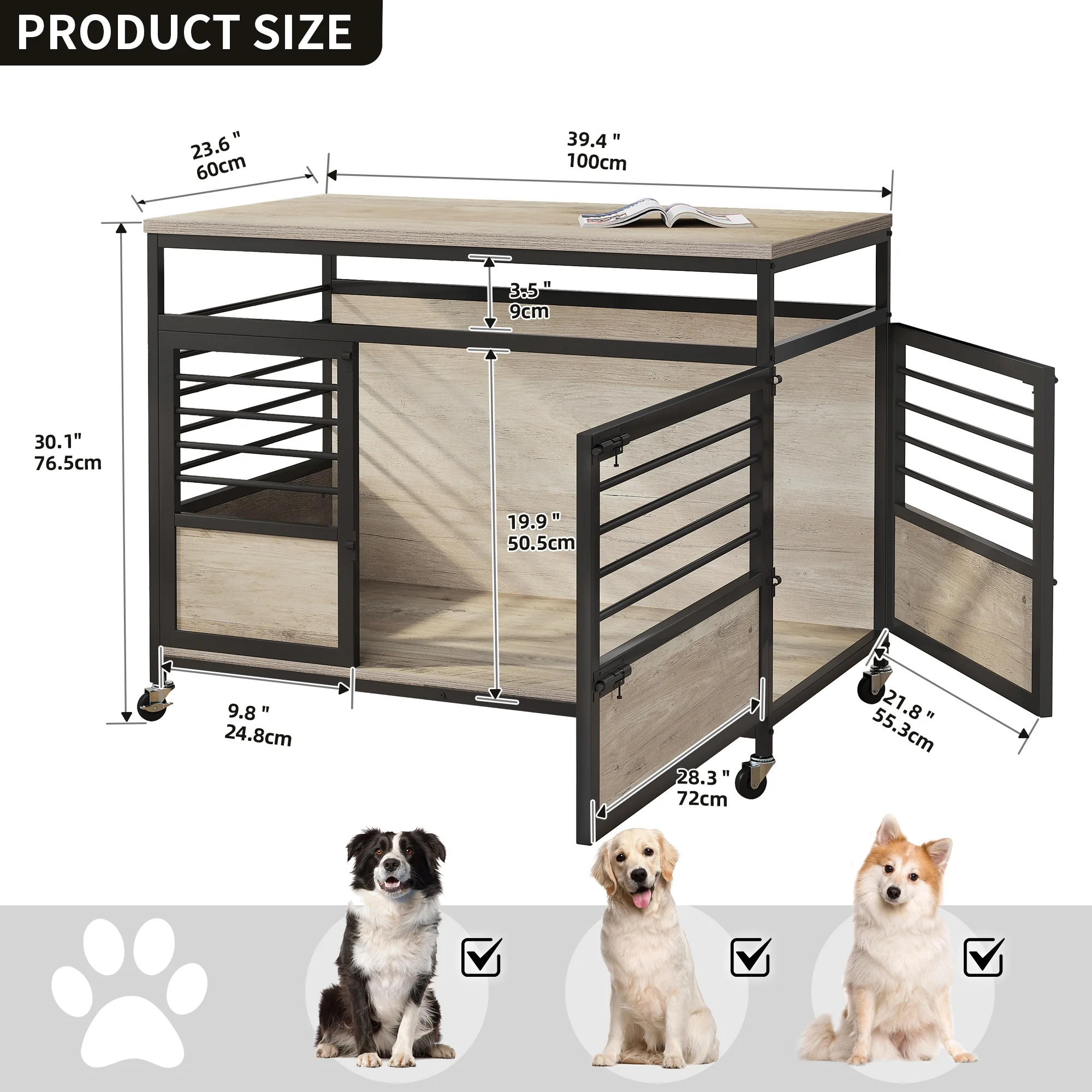 Dextrus Dog Crate Furniture with Wheels, 39.4 inch large Wooden Indoor Dog Kennel with Divider Room, End Table