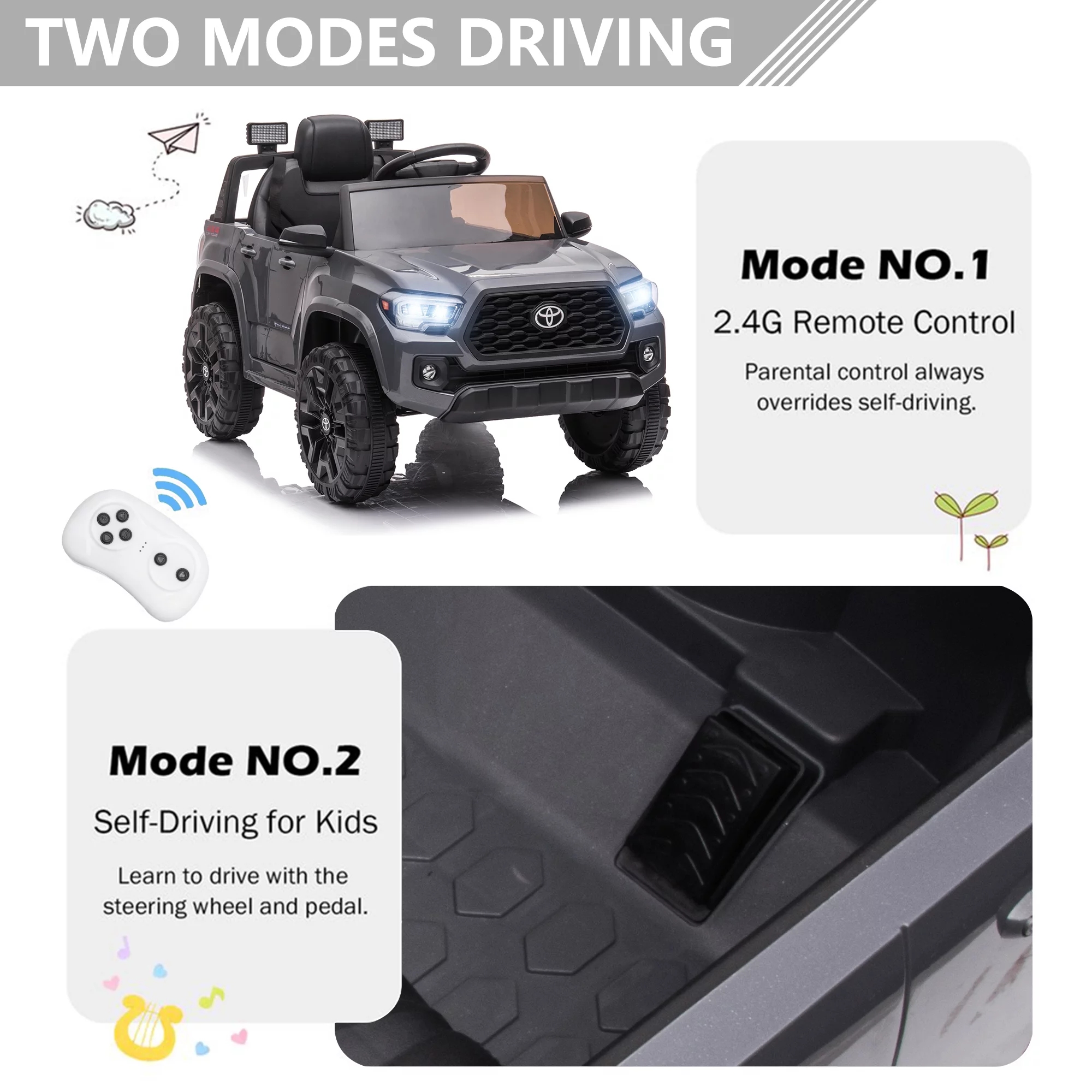 Licensed Toyota Tacoma Electric Ride on Vehicle for Kids, 12V Powered Ride on Car Toys with Remote Control, LED Lights, MP3 Player, Gray