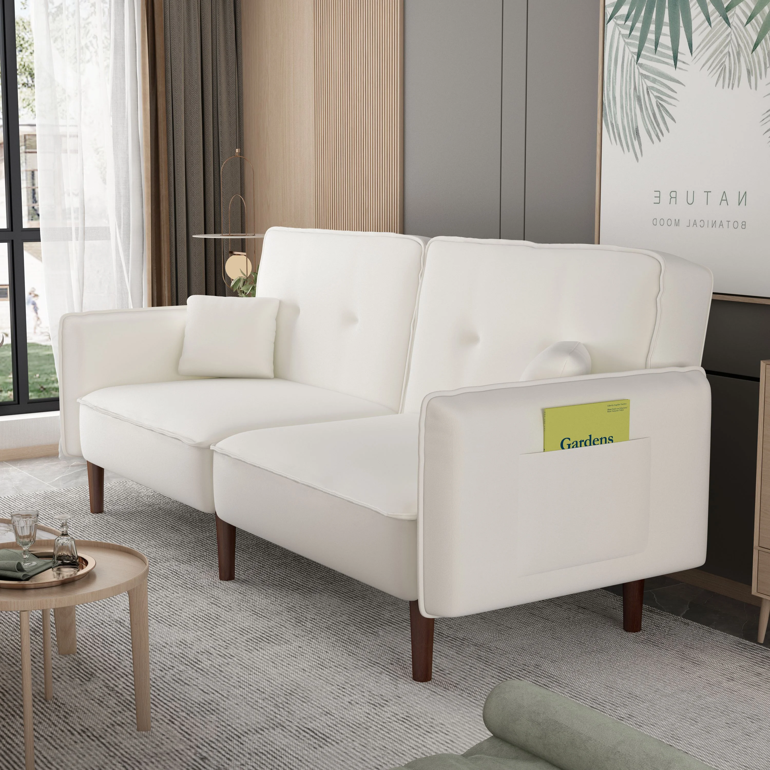 Modern 3 Seater Convertible Sofa Bed, Upholstered Folding Couch Recliner with Pillows Solid Wood Legs for Living Room Bedroom Office