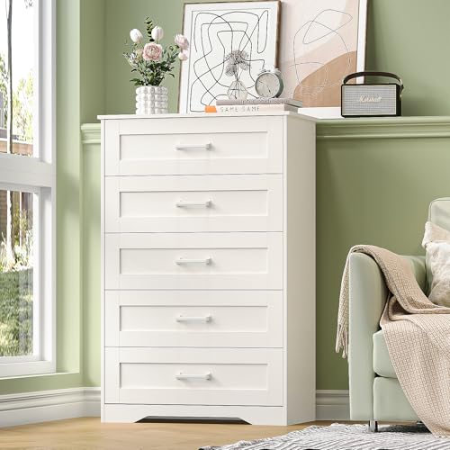 White Wood Dresser for Bedroom with 5 Drawers, Tall Storage Chest of Drawers, Modern Solid Wood Dresser Cabinet for Closet, Nursery, Entryway
