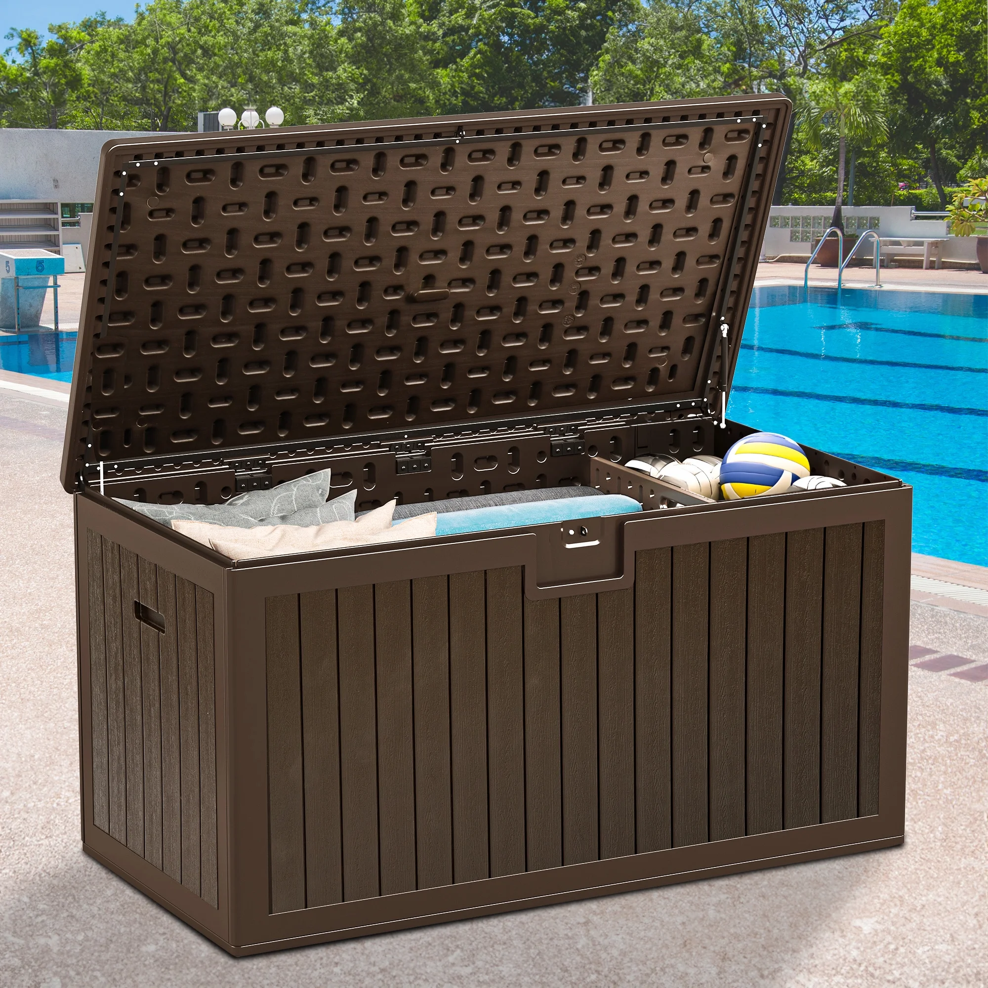Dextrus XL 150 Gallon Large Deck Box, Outdoor Storage for Patio Furniture Cushions, Garden Tools and Pool Toys with Flexible Divider, Waterproof