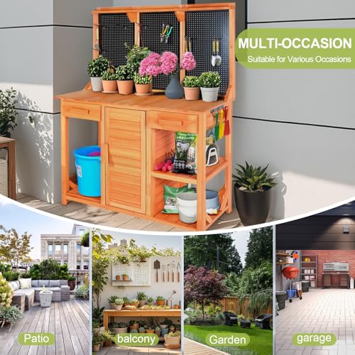 Outdoor Garden Potting Bench, Horticultural Wooden Workstation Table with Storage Drawer, Cabinet, Metal Pegboard