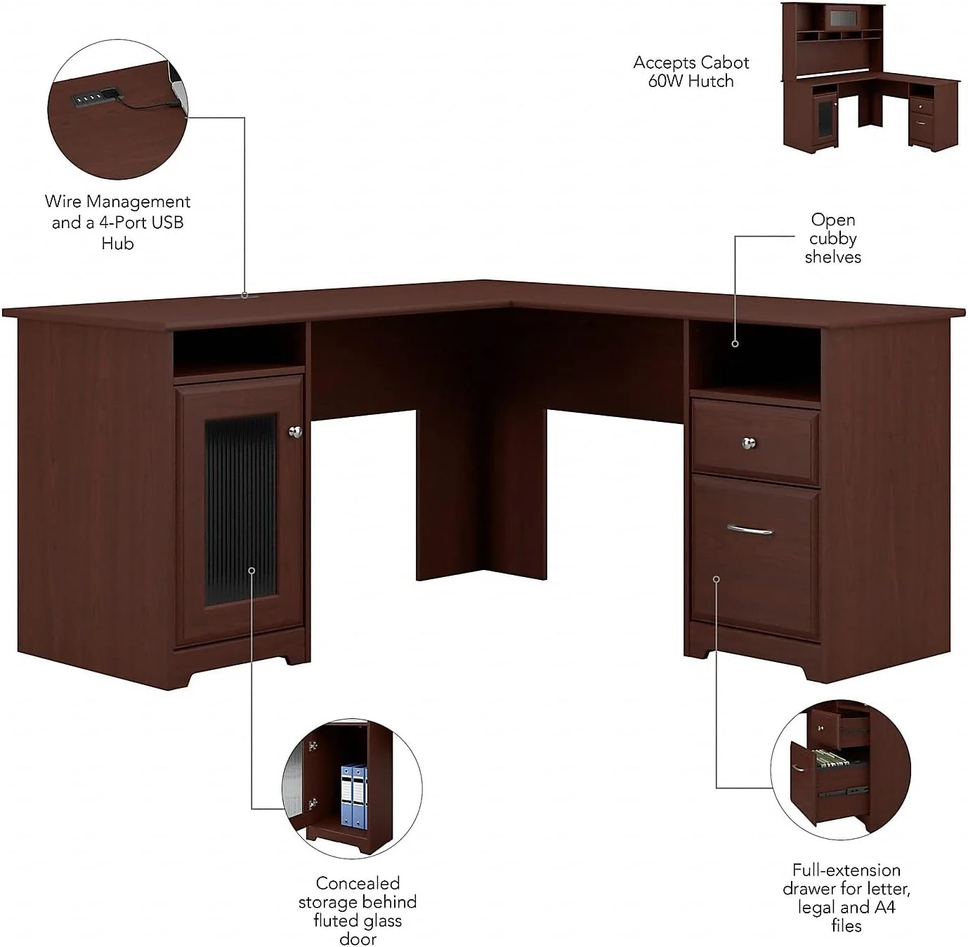 Cabot L Shaped Computer Desk In Harvest Cherry, Corner Table With Drawers For Home Office