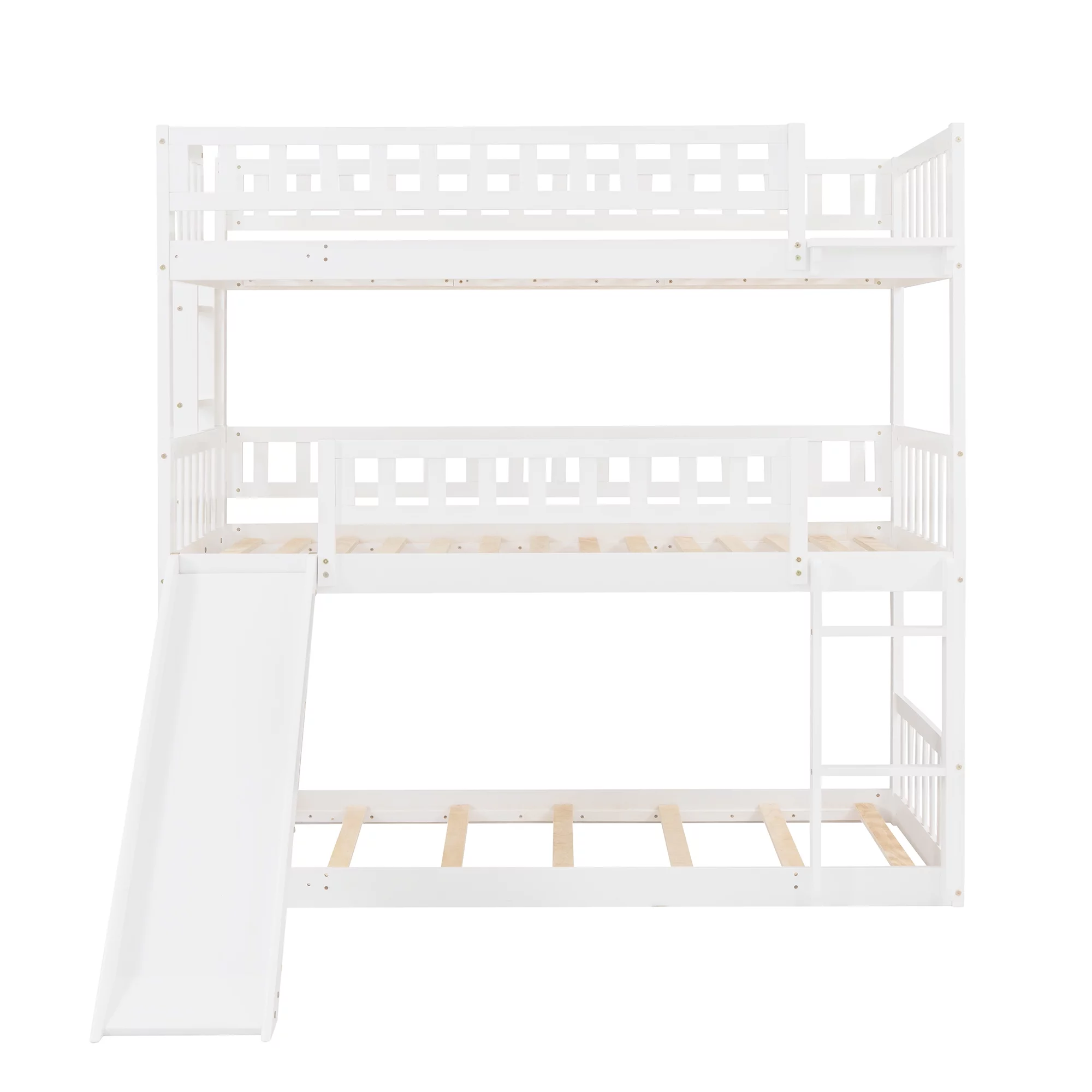Bellemave Triple Bunk Bed with Slide, Wood Twin Over Twin Over Twin 3 Bunk Bed with Built-In Ladder and Guardrails, Triple Bed for Kids, Teens, Boys