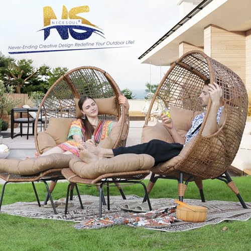 NICESOUL Stationary Egg Chair Indoor Outdoor Wicker Oversized Thick Cushions Egg Shaped Loveseat Chair