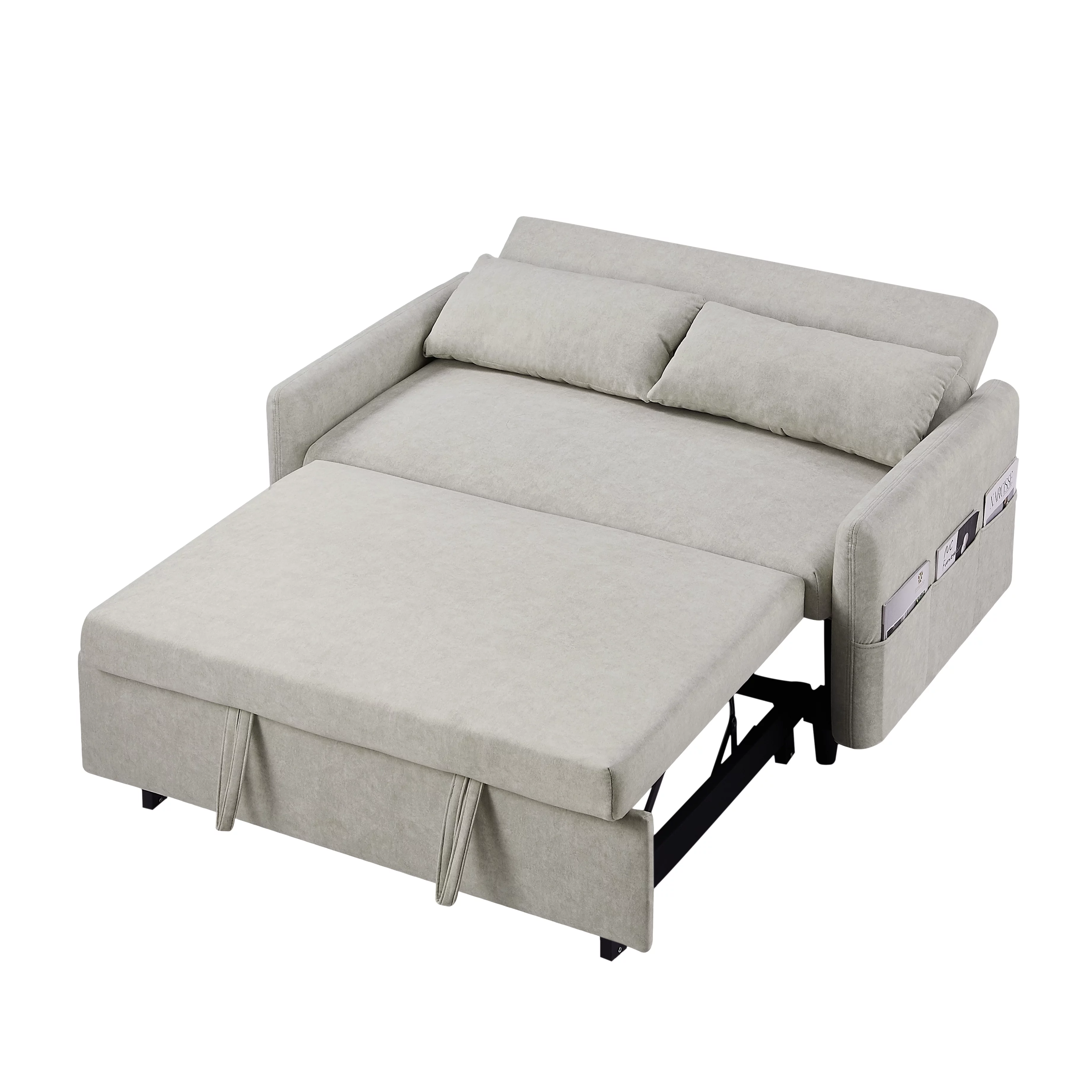 Euroco 55" Loveseat with Pull Out Bed, Sleeper Sofa with Adjustable Backrest, 2 Seater Couch with Pillows, Storage Pockets for Living Room, Beige