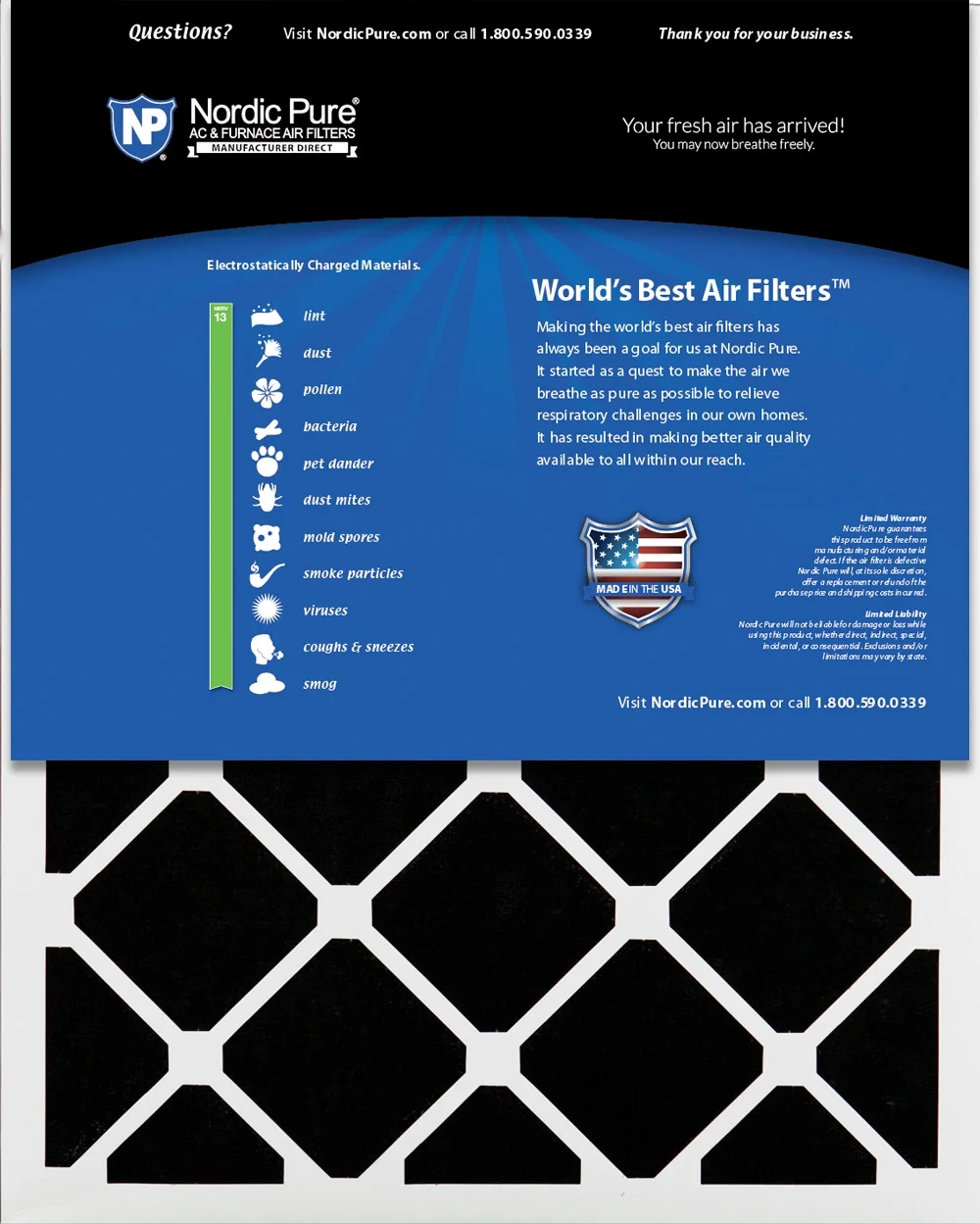 Nordic Pure 16x25x4 (3 5/8) Pleated Air Filters MERV 13 Plus Carbon 1 Pack