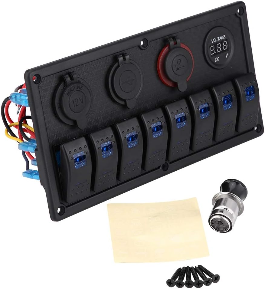 Qiilu 8 Gang Boat 12V Aluminium Rocker Switch Panel - Blue LED Lighted Control Switches