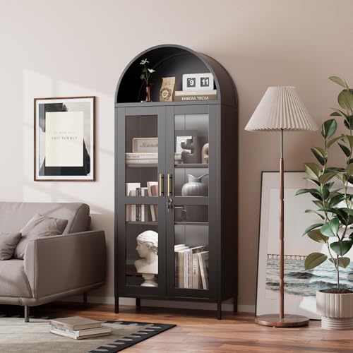 Tall Kitchen Pantry Cabinet, Metal Display Storage Cabinets with 4 Doors/2 Drawers for Kitchen Home Office Living Room, Assembly Required
