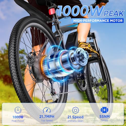 Electric Bike for Adults, 26'' 1000W Peak Ebike, Up to 50 Miles 21.7MPH Electric Mountain Bike with 48V 374.4WH Removable Battery, Adjustable Stem