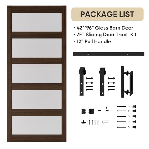 BARNSMITH 42in x 84in Glass Barn Door with 7FT Sliding Door Hardware Kit Included & Handle
